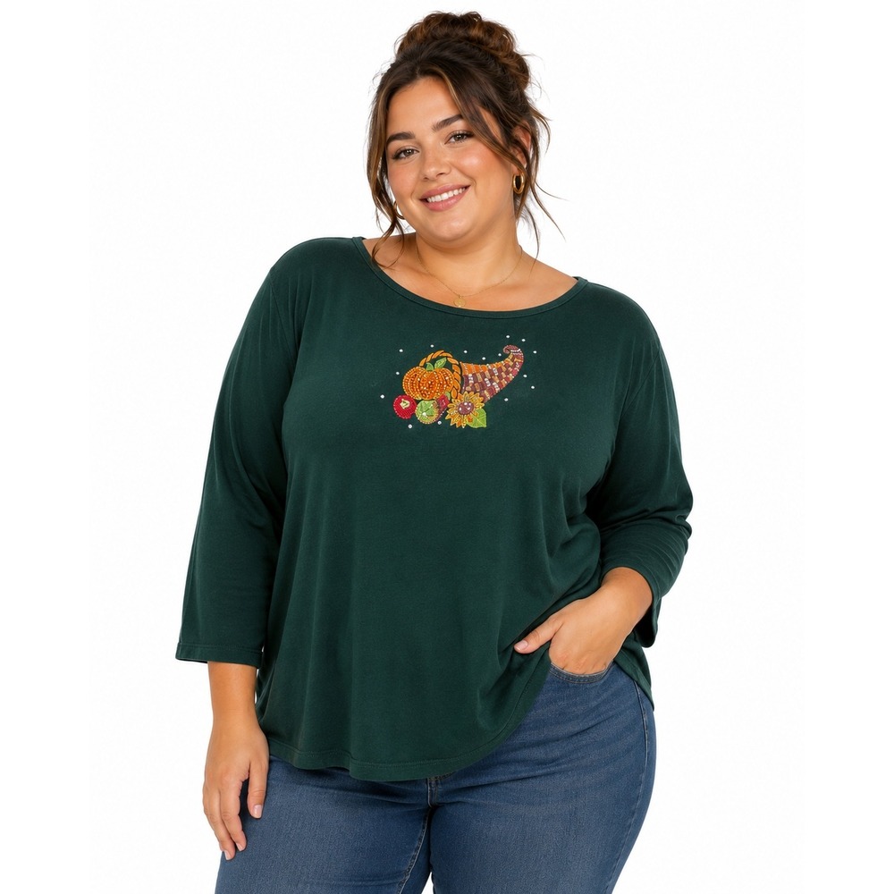Quacker Factory Womens Top Fall Thanksgiving Embroidered Cornucopia Sequin 1X